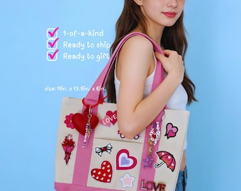 Y2K Coquette Heart Canvas Tote Bag with Charms, Beaded Chain, Rhinestone Brooch