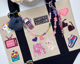 Custom Y2K Girl Power Tote Bag with Beaded Chain Necklace, Phone Strap, Charms
