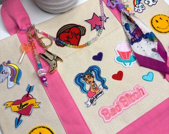Jeweled-up Y2K Custom Tote with Charms | Bag Chain/Phone Strap/Necklace, Keychains, Bag Charms