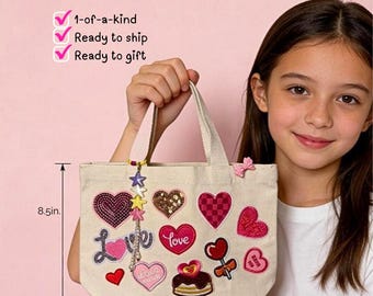 Sequin Heart Mini Tote Bag | Star Charms & Bow Pin | Pre-Teen Girl Gift