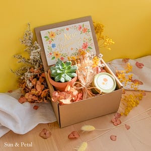 May include: A gift box with a succulent in a terracotta pot, a candle, and a card that reads "To New Beginnings". The box is filled with dried flowers and is set against a yellow background. The box is made of cardboard.