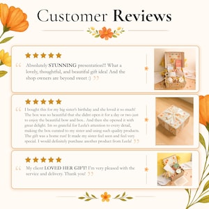May include: A graphic display titled Customer Reviews featuring three five-star testimonials with text and small square photographs of a gift box. The layout is decorated with watercolor-style orange and yellow floral illustrations on the corners.