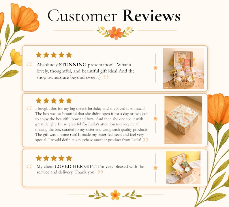 May include: A graphic display titled Customer Reviews featuring three five-star testimonials with text and small square photographs of a gift box. The layout is decorated with watercolor-style orange and yellow floral illustrations on the corners.