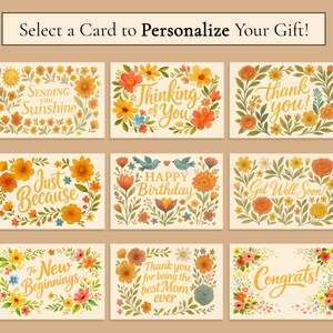 May include: A collection of nine rectangular greeting cards featuring floral borders and text. The cards include phrases such as Sending you Sunshine, Thinking of You, thank you!, Just Because, HAPPY Birthday, Get Well Soon!, To New Beginnings, Thank you for being the best Mom ever, and Congrats!.