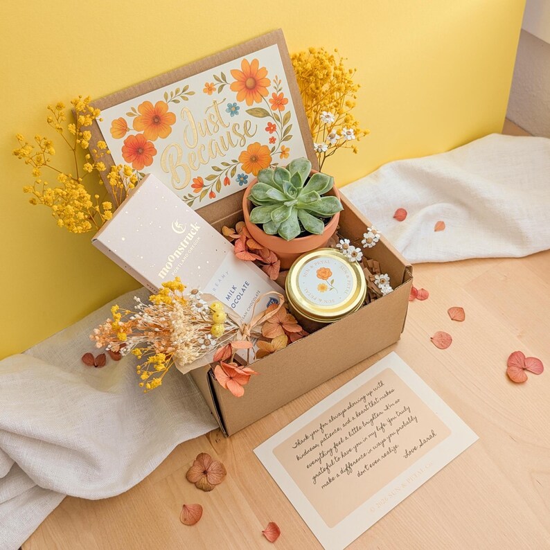 Gratitude Present Gift Box Mini Thank You Care Package Chocolate Appreciation Set Teacher Nurse Employee Recognition Token Small Bundle Live Succulent Plant Gourmet Chocolate Treat Personalized Greeting Card Dried Floral Accent Coworker