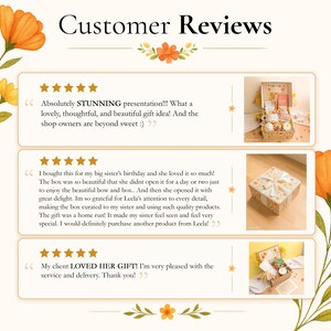 May include: A graphic display titled Customer Reviews featuring three five-star testimonials with text and small square photographs of a gift box. The layout is decorated with watercolor-style orange and yellow floral illustrations on the corners.
