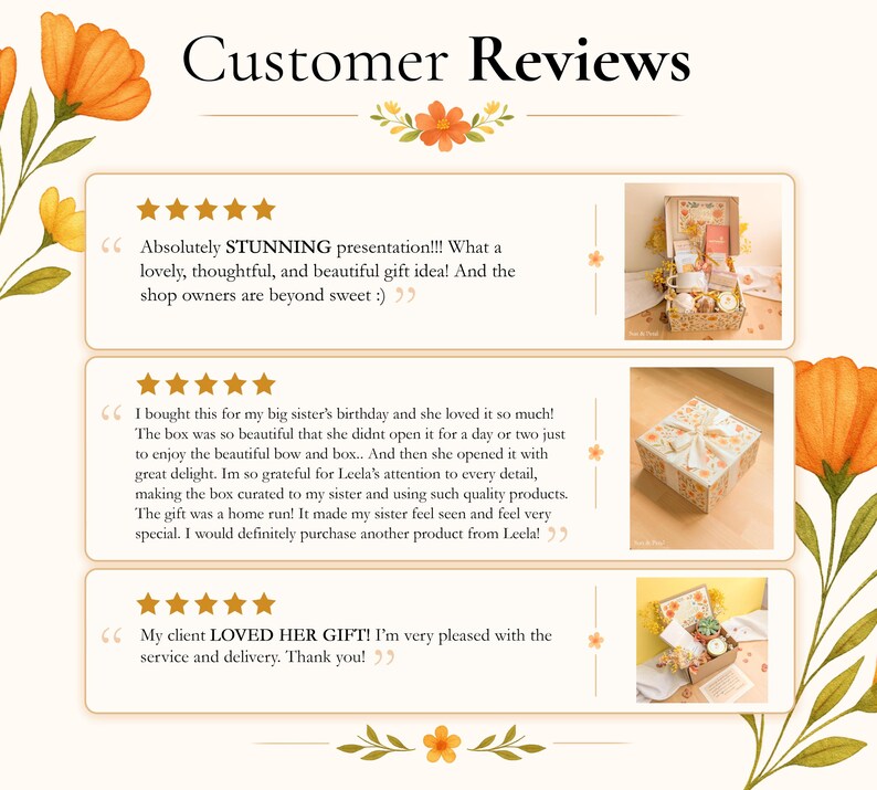 May include: A graphic display titled Customer Reviews featuring three five-star testimonials with text and small square photographs of a gift box. The layout is decorated with watercolor-style orange and yellow floral illustrations on the corners.