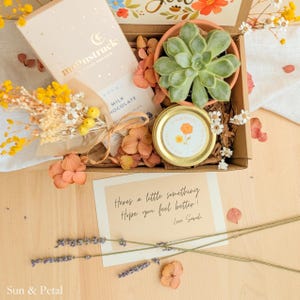 May include: A gift box containing a Moonstruck milk chocolate bar, a green succulent in a terracotta pot, a gold-lidded candle with a floral label, and dried yellow flowers. A card reads: Here's a little something. Hope you feel better! - Love Sarah.