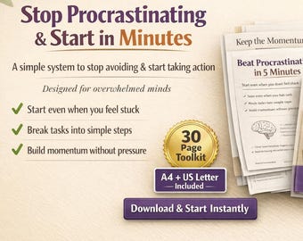 Procrastination Workbook, ADHD Planner, Productivity Planner, Overthinking Help, Focus Tool, Mental Clarity