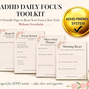 ADHD Daily Focus Toolkit Printable | Brain Dump, Focus Session, Micro Step Planner & Energy Check Worksheets | ADHD Productivity PDF