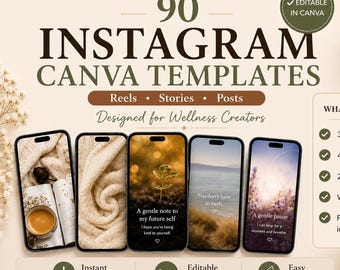 90 Wellness Instagram Canva Templates, Reels, Stories, Posts (Digital Download)