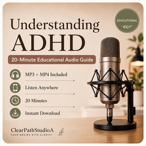 May include: A silver condenser microphone on a black stand with text reading Understanding ADHD, 20-Minute Educational Audio Guide, MP3 + MP4 Included, Listen Anywhere, 20 Minutes, Instant Download, and ClearPathStudioA Calm Begins With Clarity.