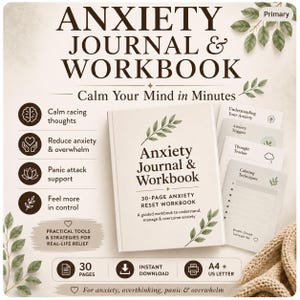 May include: An Anxiety Journal & Workbook with a cream cover featuring green leaf illustrations and dark brown text. The workbook includes 30 pages, is available for instant download in A4 and US Letter sizes, and contains sections for tracking thoughts.