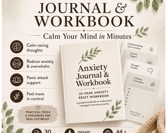 Anxiety Journal & Workbook Printable PDF | CBT Anxiety Tracker, Anxiety Relief Worksheets, Mental Health Planner