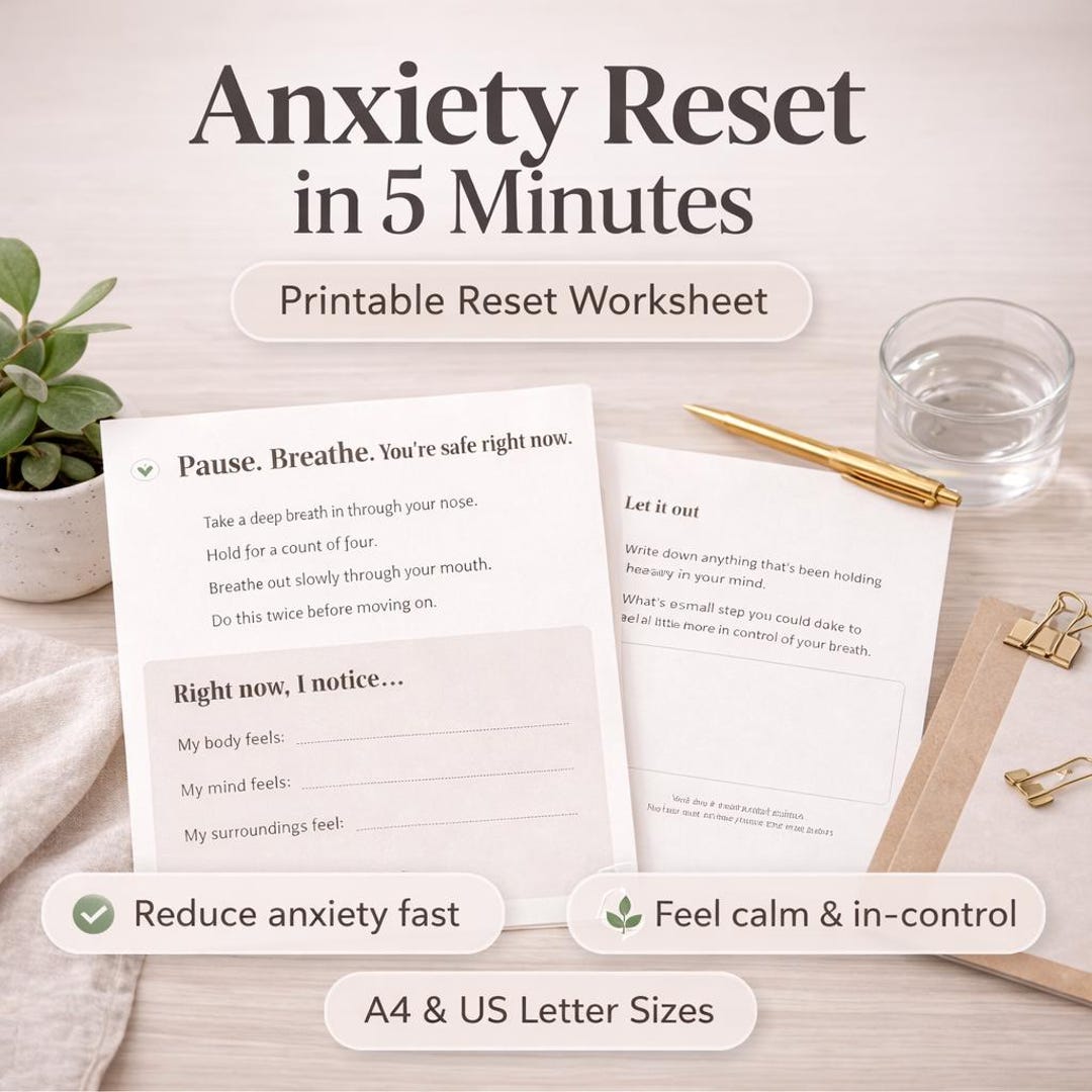5 Minute Anxiety Reset Worksheet | Grounding Exercise (printable PDF A4 ...