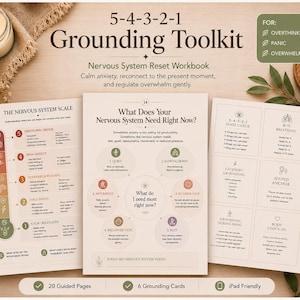 May include: A 5-4-3-2-1 Grounding Toolkit workbook featuring three pages with the titles The Nervous System Scale, What Does Your Nervous System Need Right Now, and a page with sense check, box breathing, and grounding exercises.