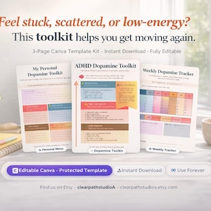 Könnte beinhalten: Ein digitales Toolkit mit drei Vorlagen: "My Personal Dopamine Toolkit", "ADHD Dopamine Toolkit" und "Weekly Dopamine Tracker". Die Vorlagen liegen auf einem Tisch mit einer Kaffeetasse, einer Pflanze und einem Notizbuch. Der Text lautet: "Feel stuck, scattered, or low-energy? This toolkit helps you get moving again."