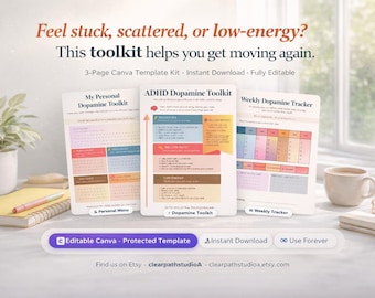 ADHD Dopamine Toolkit | Energy Motivation Planner, Weekly Tracker (Canva Template)