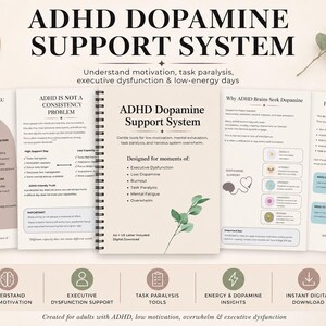 May include: A 15-page ADHD Dopamine Support System workbook with a spiral-bound cover featuring the title and a green leaf illustration. The pages display text about motivation, task paralysis, and executive dysfunction, with sections for support menus, brain insights, and toolkit instructions.
