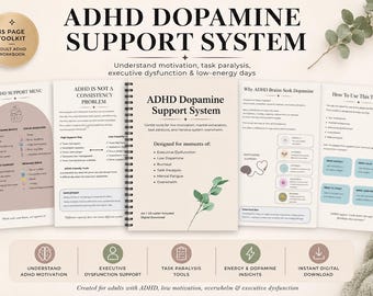 ADHD Dopamine Support System | ADHD Workbook PDF | Executive Dysfunction, Task Paralysis & Motivation Toolkit