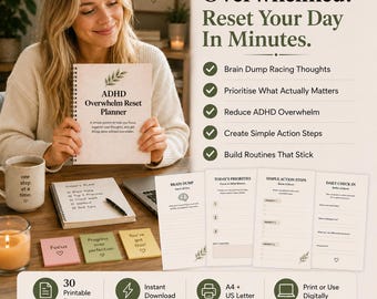 ADHD Overwhelm Reset Planner | 30 Page ADHD Productivity Planner | Daily Weekly Planner, Habit Tracker & Focus System