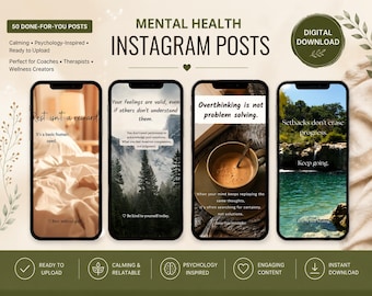 50 Mental Health Instagram Posts • Wellness Content Pack (JPG)