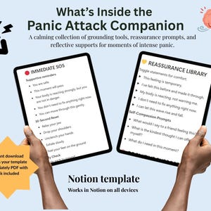 Może przedstawiać: Obraz promujący "Panic Attack Companion" z tekstem i ilustracjami. Dwa tablety wyświetlają pomocne przypomnienia i uspokajające komunikaty. Obraz zawiera grafikę mózgu i gwiazdę z tekstem "Natychmiastowe pobieranie".