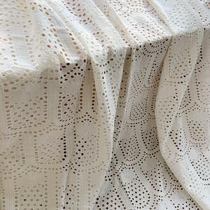 Ivory Cotton eyelet lace fabric with pineapple embroideries, cotton embroidered fabric with hollowed out patterns