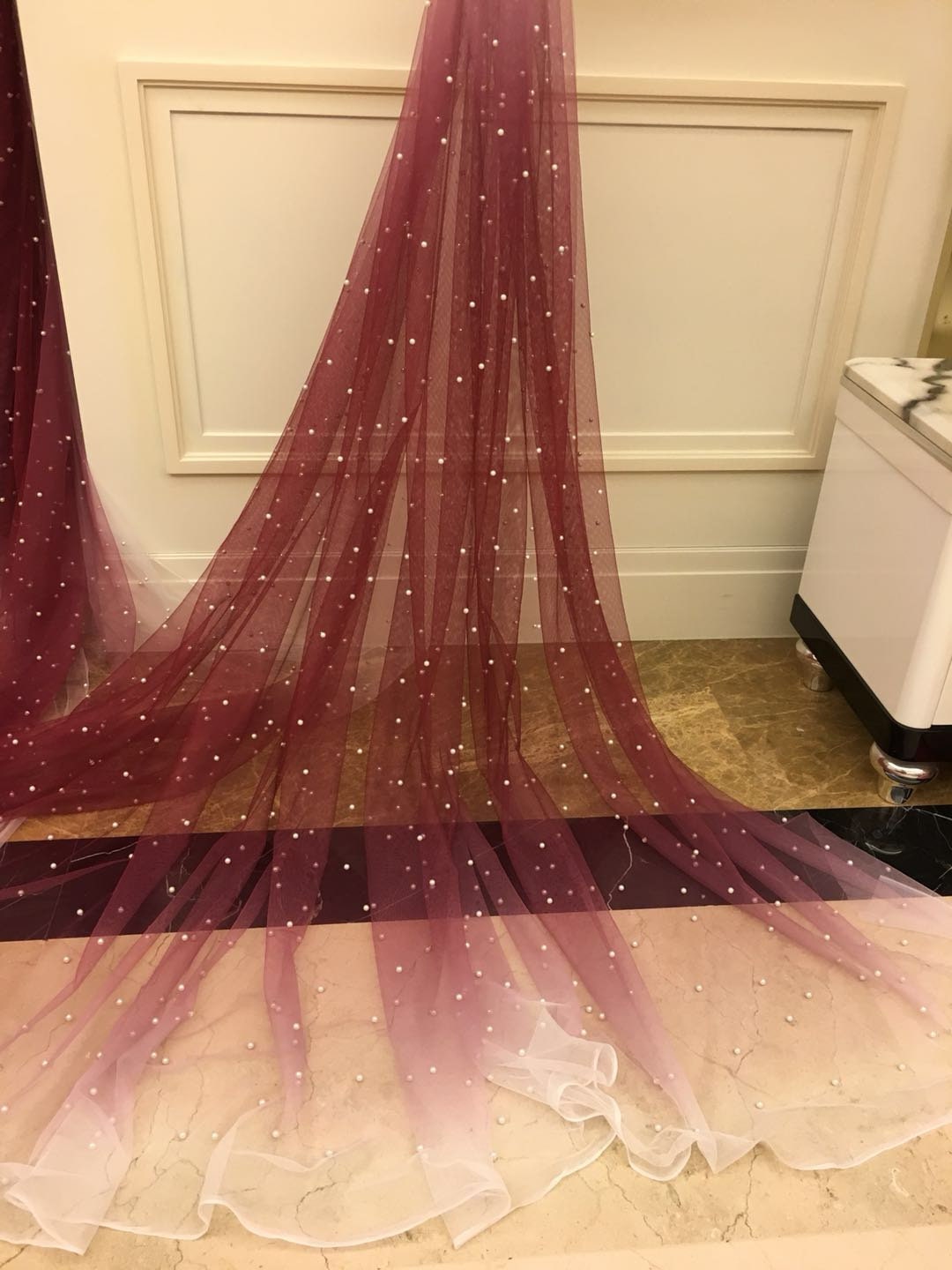 Pearls Bead Tulle Fabric, Mesh Fabric With With Gradient Colors, Heavy