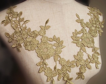 one pair of metallic gold lace applique with flowers, bridal lace applique