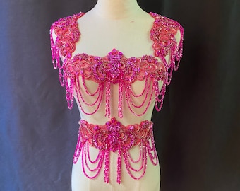 hot pink rhinestone applique with chains for costume, body jewelry with fringe, shoulder necklace for couture and dance costume