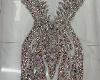 Full body Rhinestone applique, iridescent rhinestone bodice appliqués for couture, rhinestone dress, appliqué for costume