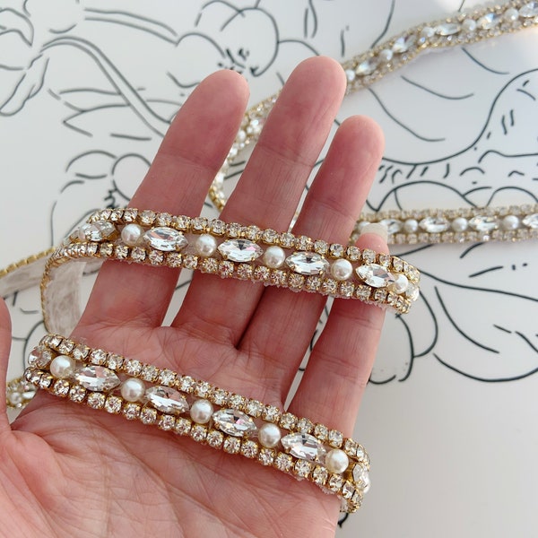 heavy bead rhinestone belt, Deluxe rhinestone sash belt, crystal pearl bead trim by the yard for dress strips