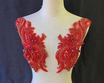 Red Rhinestone applique, heavy bead crafted rhinestone applique for bridal, for couture, dance costume
