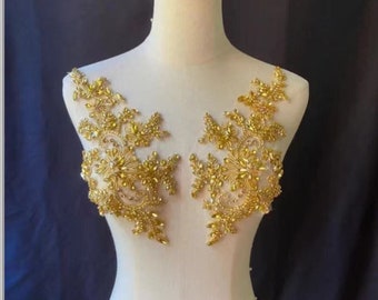 1 pair gold rhinestone applique, crystal florals bodice for dance costume, bridesmaid dress