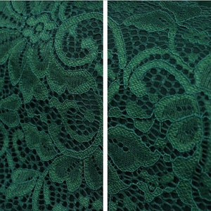 emerald lace fabric, alencon lace fabric, embroidered lace fabric, green stretch lace fabric, costume lace fabric image 5