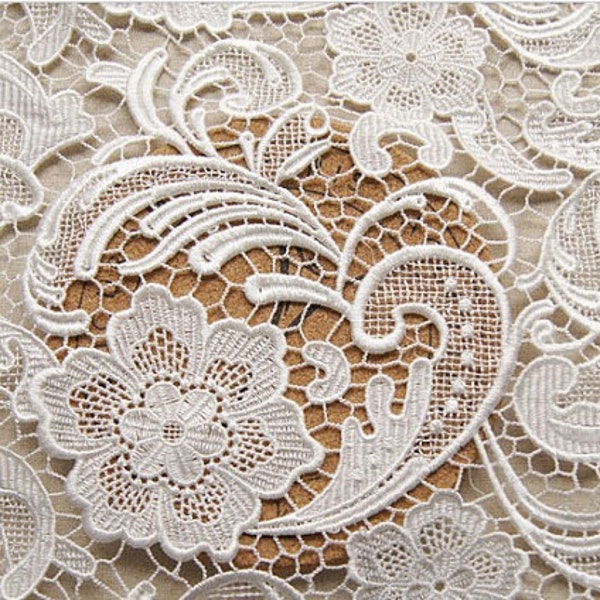 Tissu dentelle blanc avec motif Floral rétro, mariée dentelle, tissu en dentelle guipure, crochet dentelle, tissu dentelle de venise