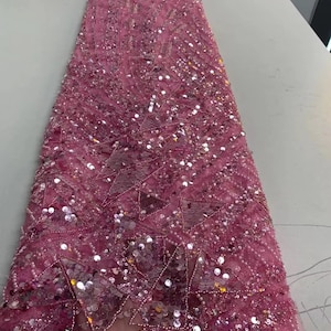 Pink sequined tulle lace fabric, heavy beading tulle lace fabric for prom dress, ball gowns, couture, evening dress