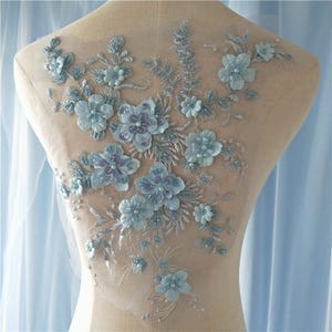 light blue lace applique, heavy bead lace applique, 3D lace applique with rhinestones, 3d floral, 3d flower applique