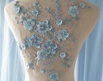 light blue lace applique, heavy bead lace applique, 3D lace applique with rhinestones, 3d floral, 3d flower applique