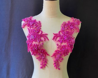 Hot pink Rhinestone florals applique, heavy bead crafted rhinestone applique for bridal, for couture, dance costume