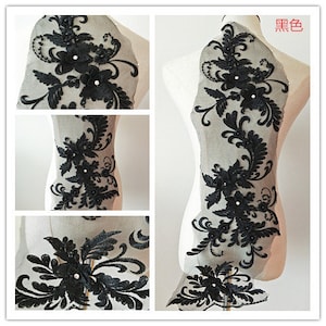 black 3d lace applique, heavy bead lace applique, 3D lace applique with rhinestones, 3d floral bodice, 3d flower applique for couture