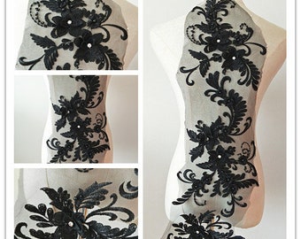 zwart 3d kant stoffen, zware kralen kant stoffen, 3D lace stoffen met strass, 3D-bloemen bodice, 3d bloem stoffen voor couture