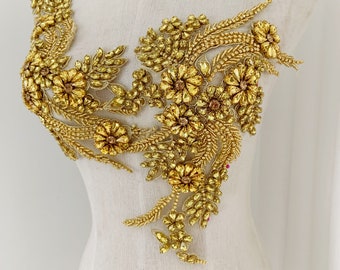 Gold crystal bead motif applique for dance costume, rhinestone bodice for wedding dress, ball gown