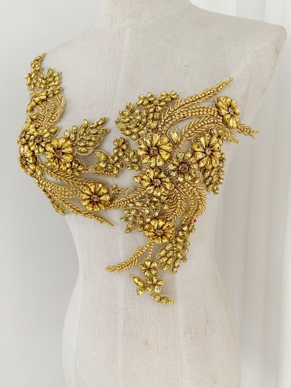 Gold Rhinestone Applique- Bridal Applique- crystal motif - Gold Metal  Applique