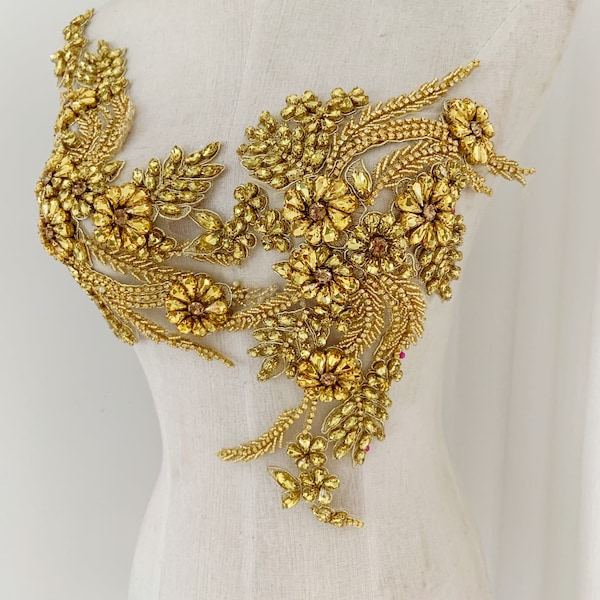 Gold Kristall Perle Motiv Applikation für Tanz-Kostüm, Strass Mieder für Hochzeitskleid, Ballkleid