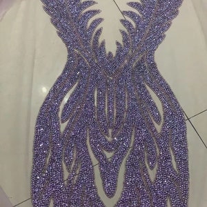 Light purple  Rhinestone applique, iridescent rhinestone bodice appliqués for couture, rhinestone dress, appliqué for costume