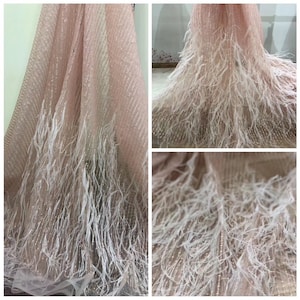 blush pink Sequined tulle lace fabric with Ostrich Feather, 3d lace fabric with Ostrich Feather fringe, 2019 new arrival