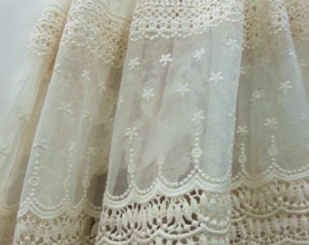 tissu en dentelle ivoire, tissu en dentelle de tulle brodé, dentelle en résille de style vintage GRANDE VENTE