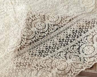 Cream organza lace fabric, embroidered organza lace fabric